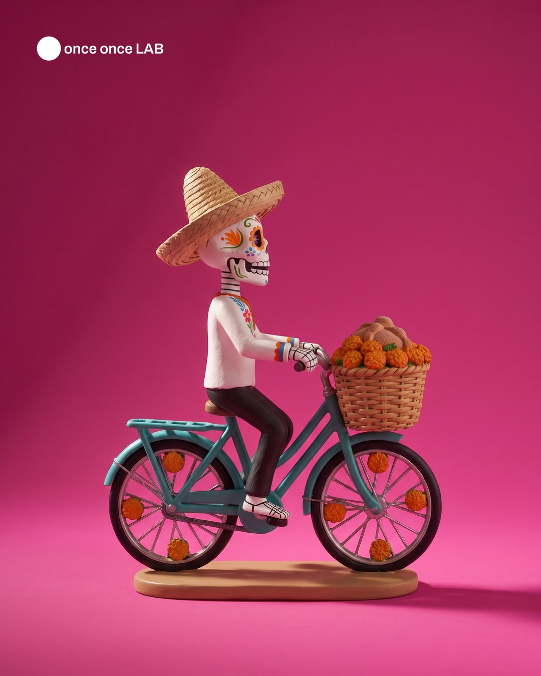 Calaverita Ciclista con Canasta de Cempasúchil — Figura para Ofrenda de Día de Muertos — Once Once Lab