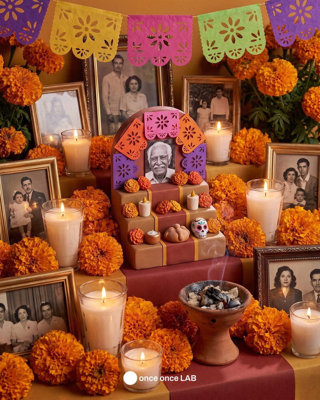 Mini Ofrenda de Escritorio — Altar de Día de Muertos con Portarretrato — once once LAB