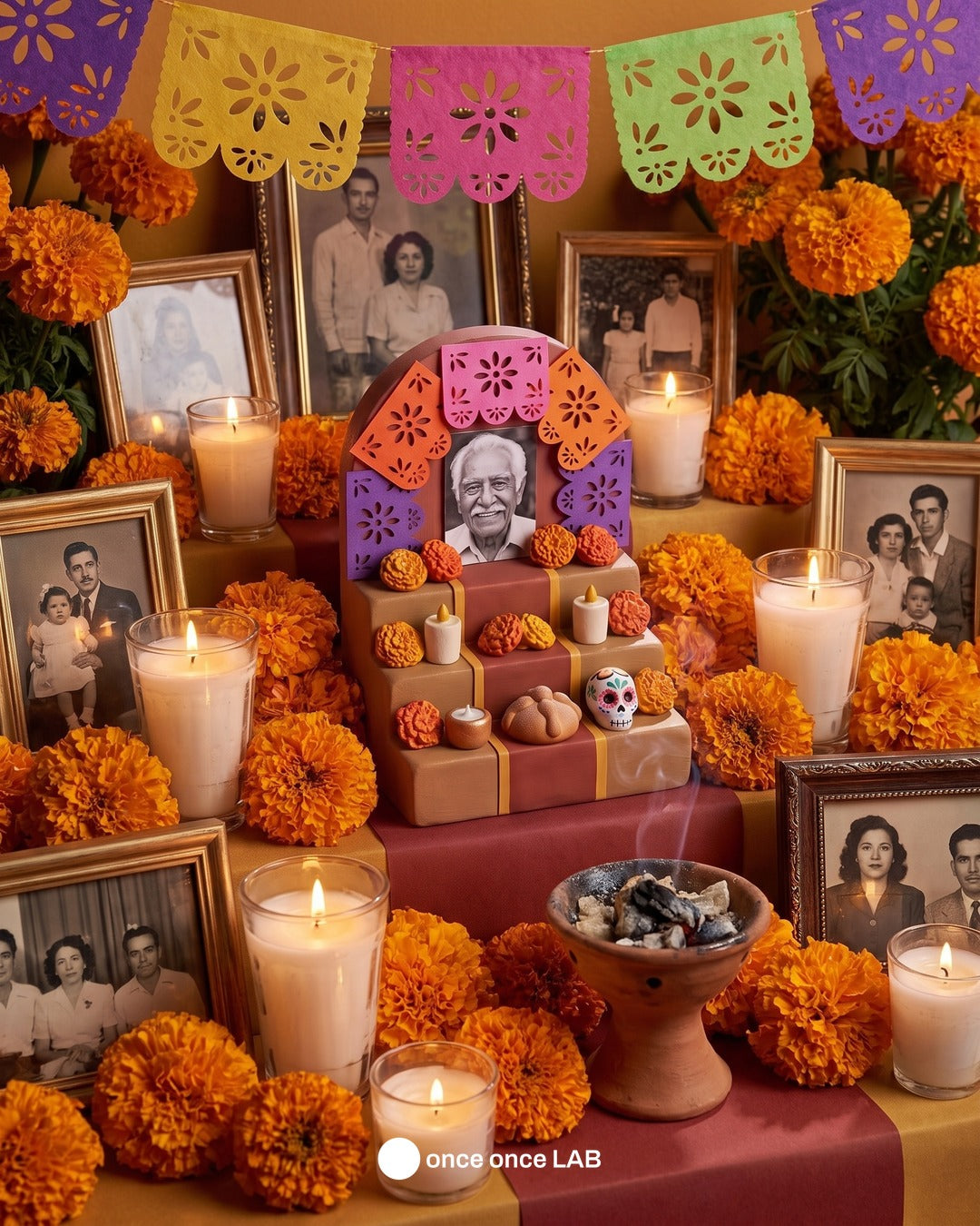 Mini Ofrenda de Escritorio — Altar de Día de Muertos con Portarretrato — once once LAB
