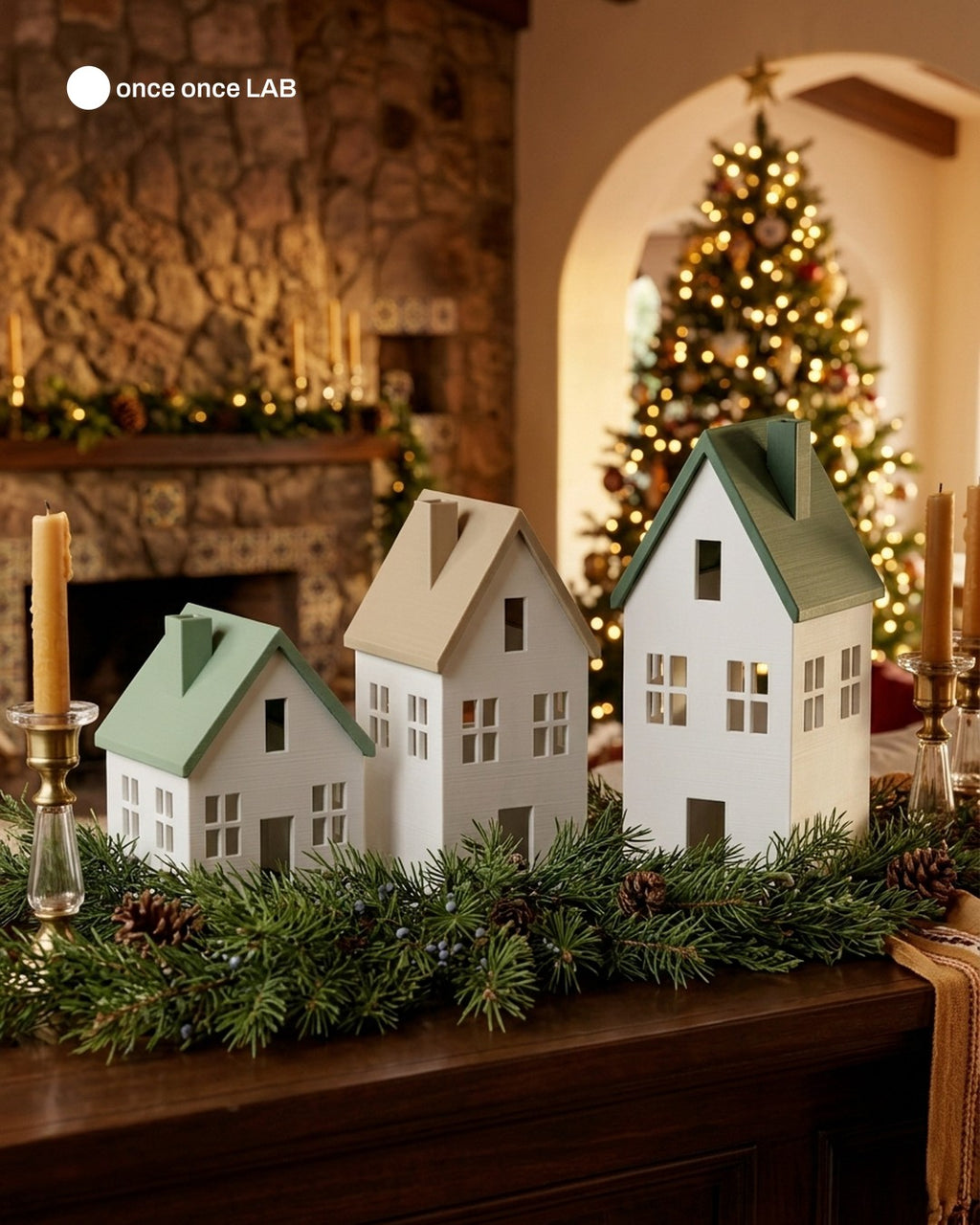 Villa Navideña Set de 3 Casitas — Decoración Nórdica 8, 11 y 14 cm — Once Once Lab