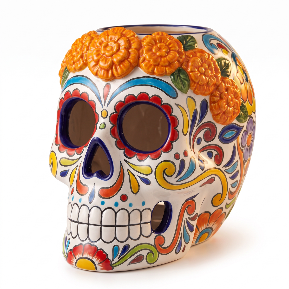 Portavelas Día de Muertos - Calavera con Cempasúchil, Luz Cálida — vista 2 | once once LAB