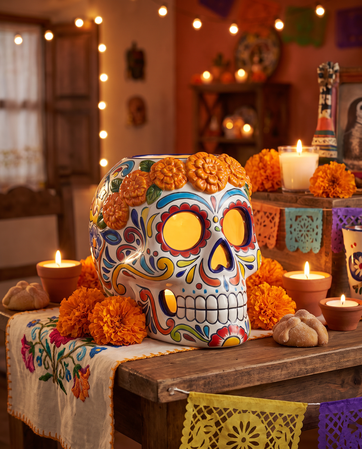 Portavelas de Día de Muertos con calavera y cempasúchil encendido