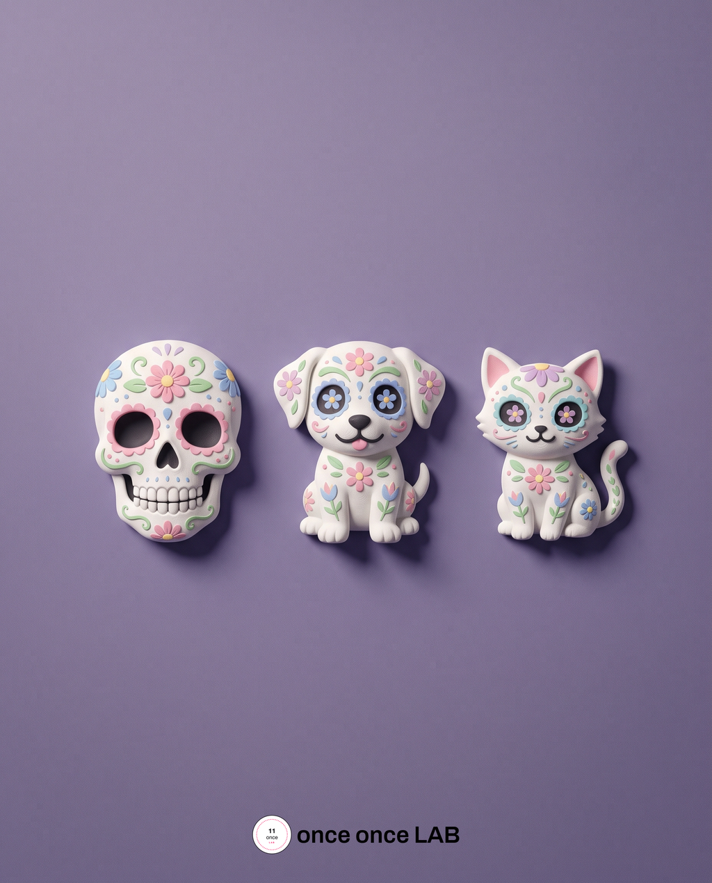 Set de 3 imanes de calaveritas de Día de Muertos sobre un refrigerador