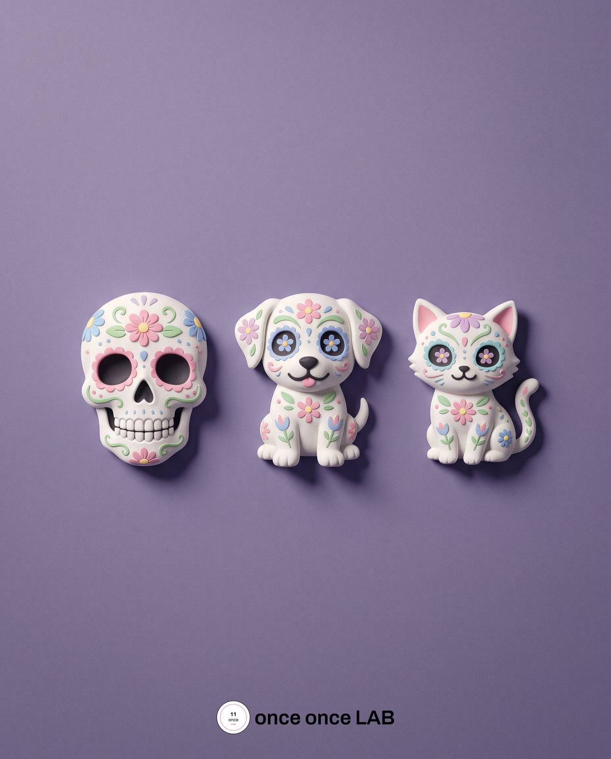Set de 3 imanes de calaveritas de Día de Muertos sobre un refrigerador