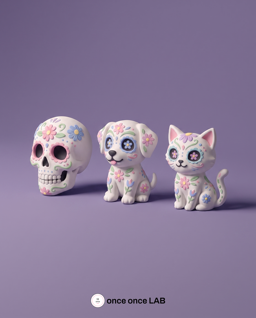 Set de 3 Imanes Calaveritas Día de Muertos — Cráneo, Perro y Gato — vista 2 | once once LAB