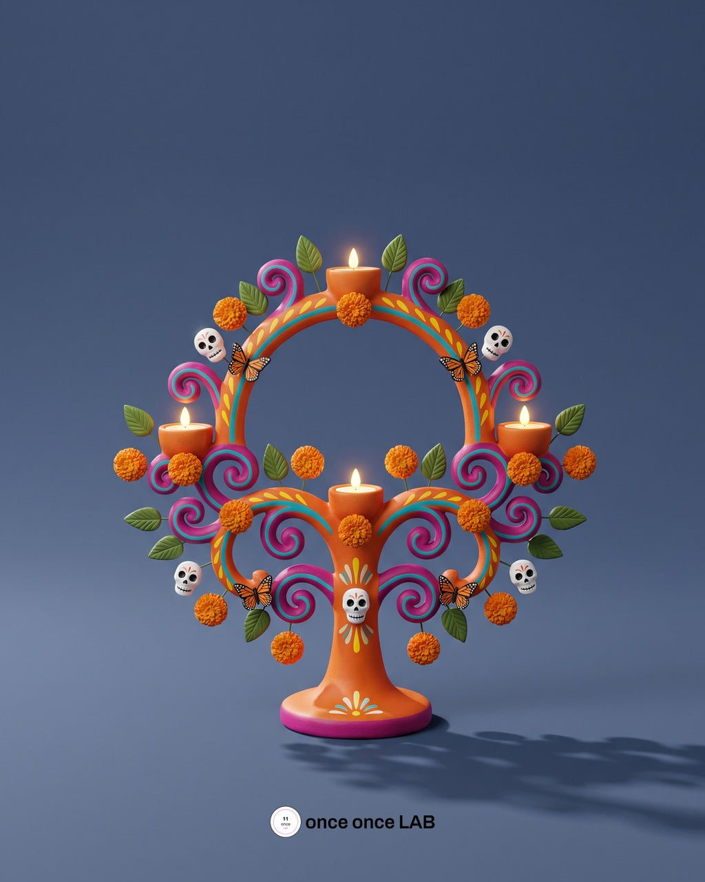 Árbol de la Vida con Calaveritas y Cempasúchil — Portavelas LED para Ofrenda de Día de Muertos — Once Once Lab