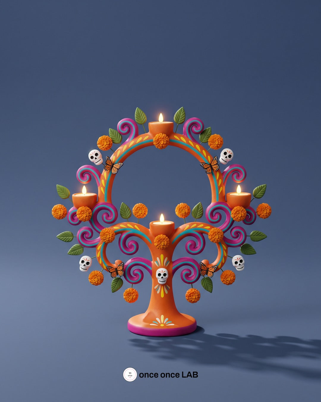 Árbol de la Vida con Calaveritas y Cempasúchil — Portavelas LED para Ofrenda de Día de Muertos — Once Once Lab