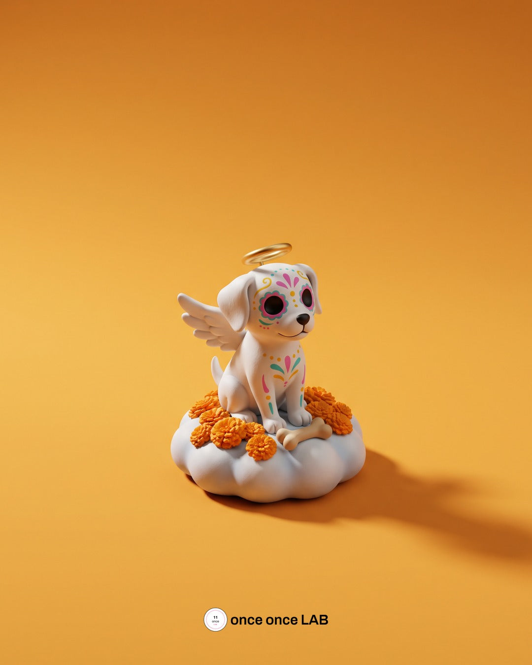 Perrito Angelito Calaverita en Nube de Cempasúchil — Figura para Ofrenda de Mascotas — Once Once Lab
