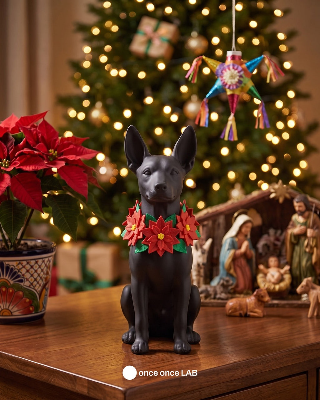Xoloitzcuintle Navideño con Nochebuenas — Figura de Navidad Mexicana 18 cm — Once Once Lab