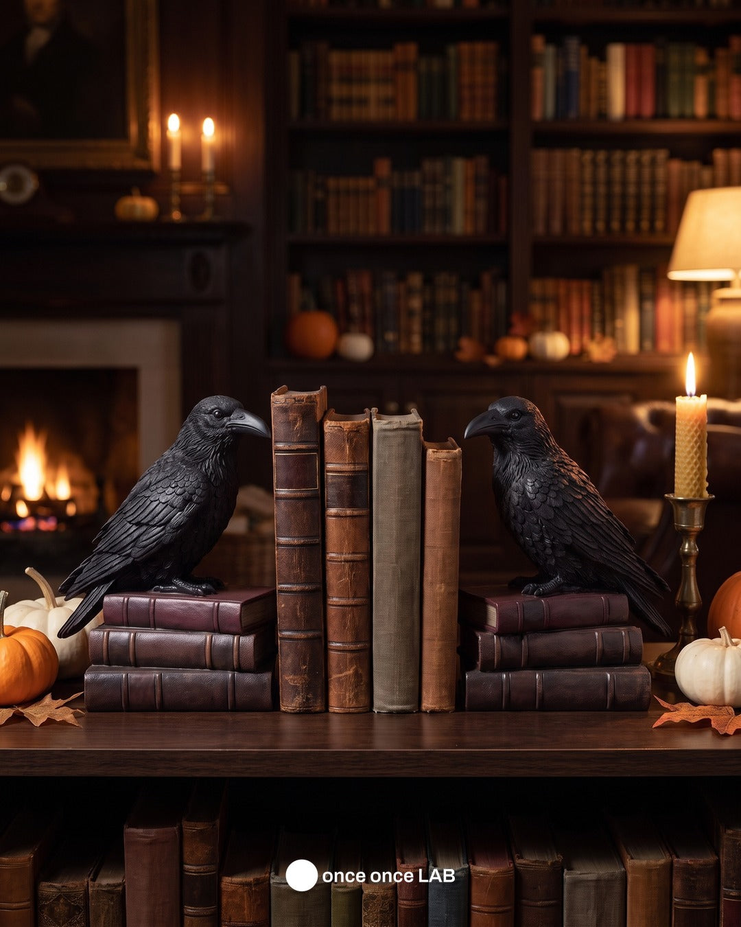 Sujetalibros Cuervo sobre Libros (Par) — Decoración Gótica de Halloween — once once LAB