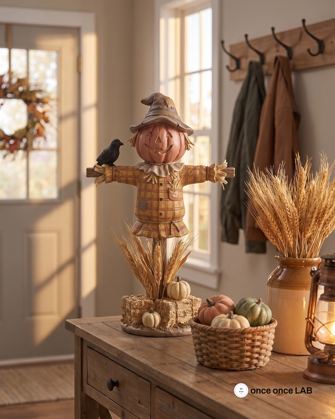 Espantapájaros Cabeza de Calabaza con Cuervo — Figura Decorativa de Otoño y Halloween — Once Once Lab