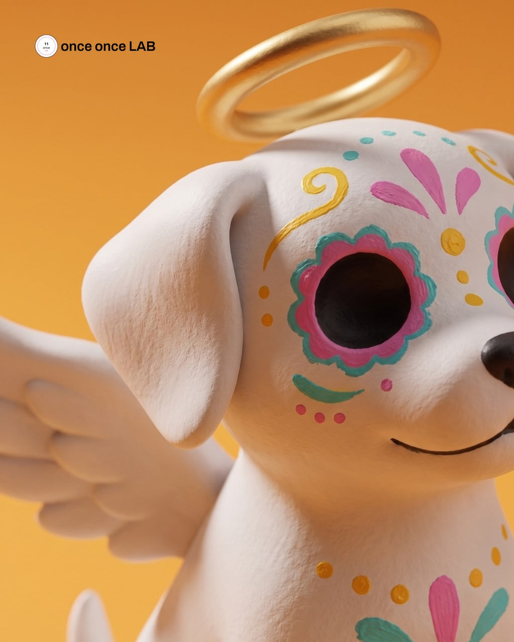 Perrito Angelito Calaverita en Nube de Cempasúchil — Figura para Ofrenda de Mascotas — Once Once Lab