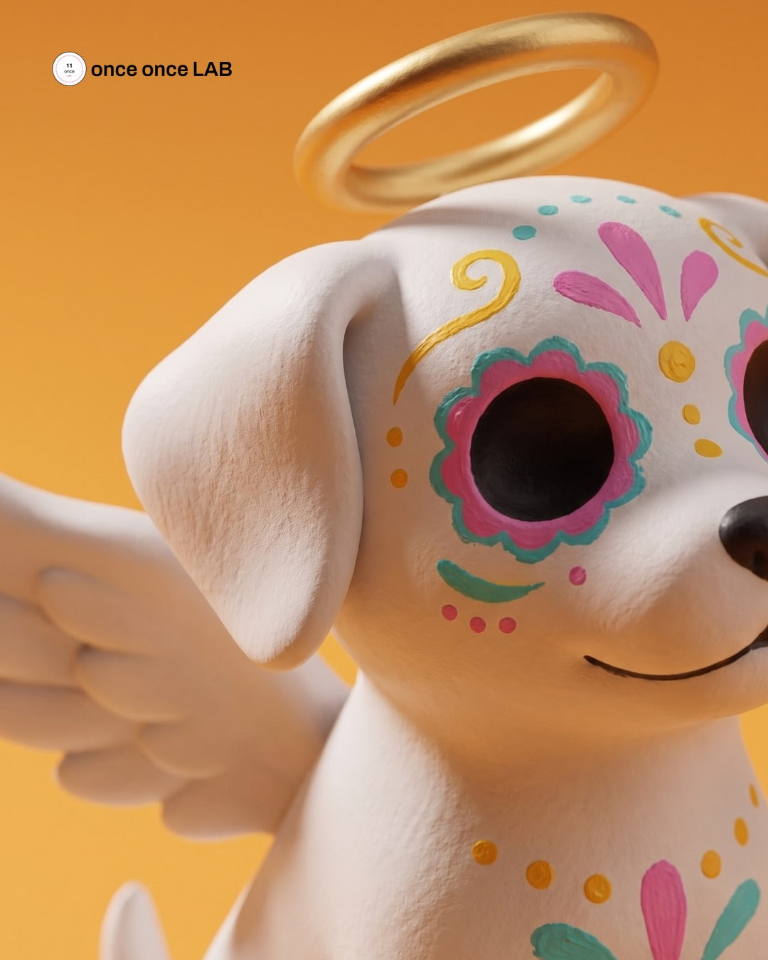 Perrito Angelito Calaverita en Nube de Cempasúchil — Figura para Ofrenda de Mascotas — Once Once Lab