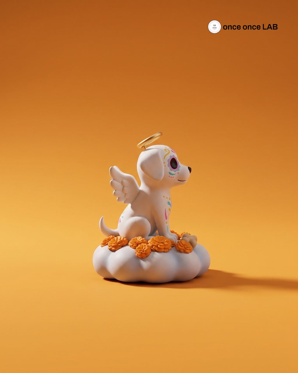 Perrito Angelito Calaverita en Nube de Cempasúchil — Figura para Ofrenda de Mascotas — Once Once Lab