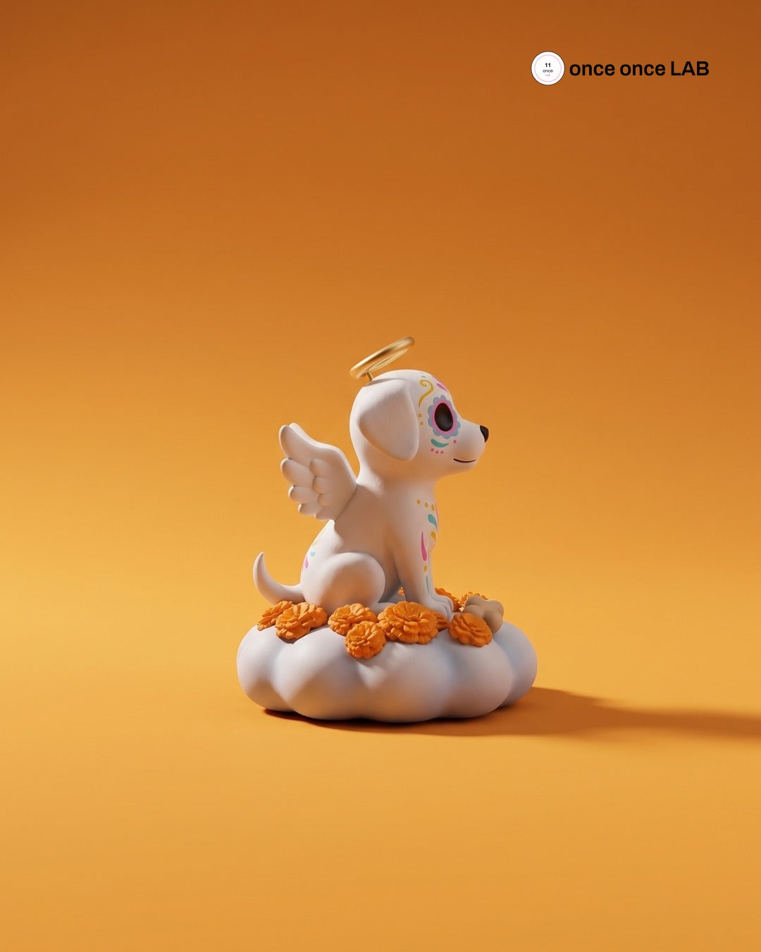 Perrito Angelito Calaverita en Nube de Cempasúchil — Figura para Ofrenda de Mascotas — Once Once Lab
