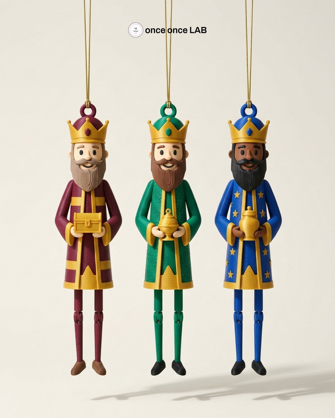 Reyes Magos Adornos Larguchos — Set de 3 Colgantes 18 cm — Once Once Lab