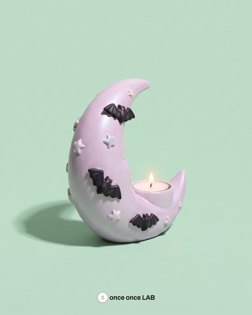 Portavelas Luna Creciente con Murciélagos — Decoración Pastel Goth de Halloween — once once LAB