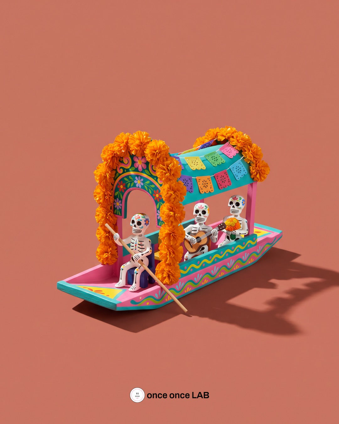 Trajinera de Xochimilco con Calaveritas — Figura para Ofrenda de Día de Muertos — once once LAB