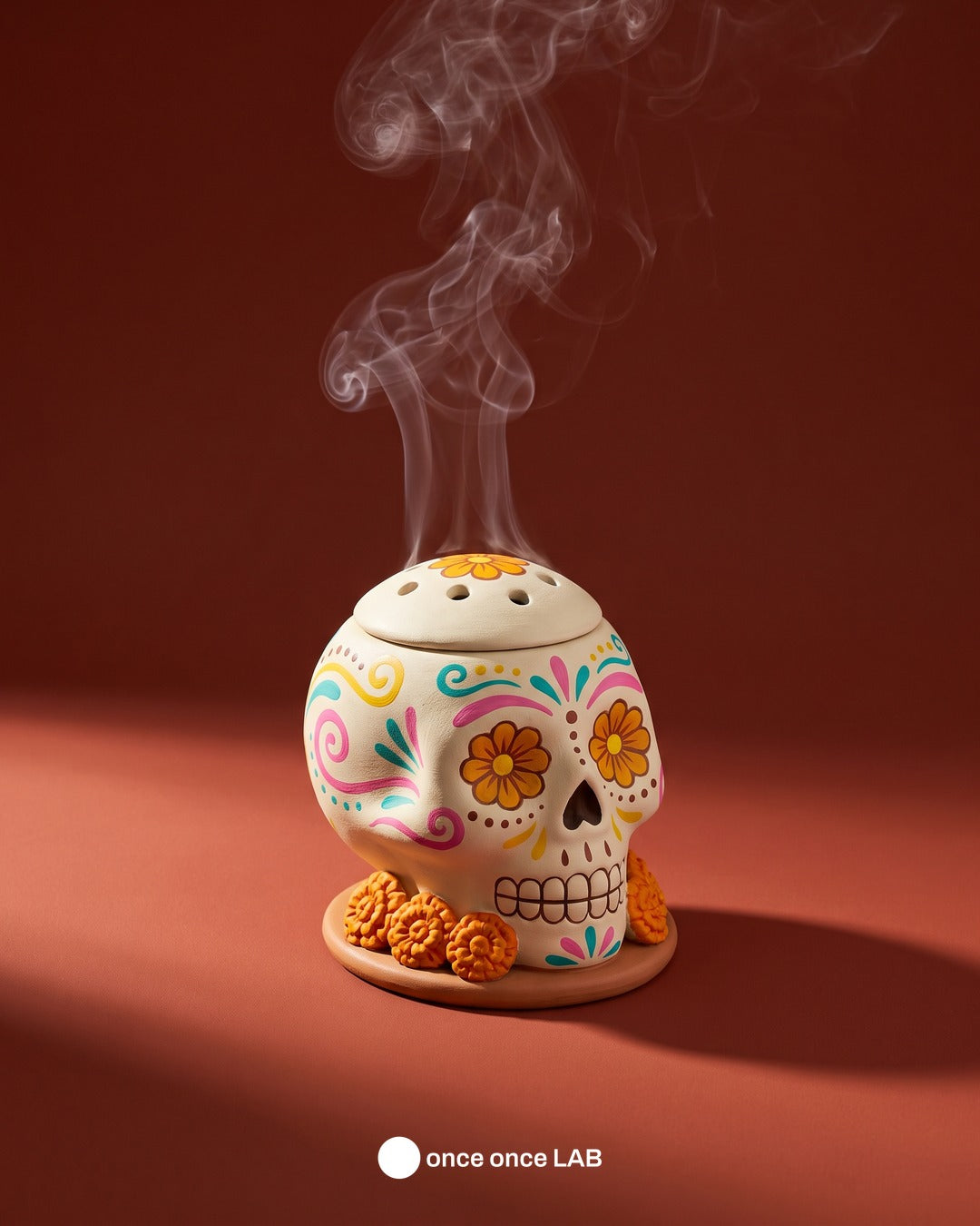 Copalero Calaverita de Azúcar con Cempasúchil — Sahumador para Ofrenda de Día de Muertos — once once LAB