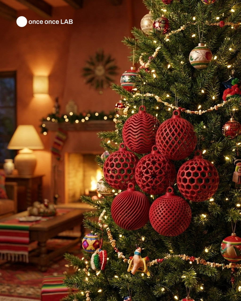 Set de 7 Esferas Caladas Rojas — Adornos de Árbol Geométricos 8 cm — Once Once Lab