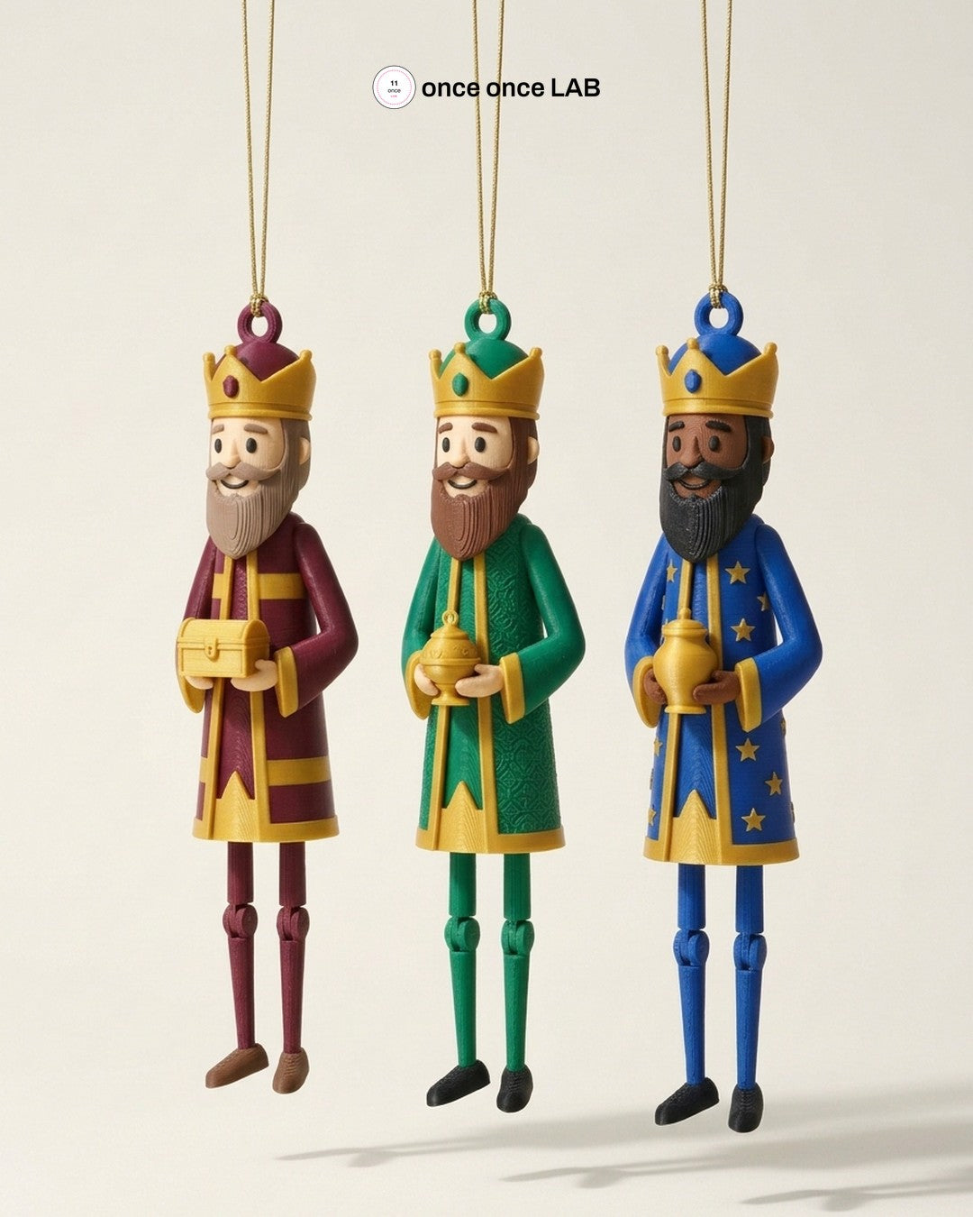 Reyes Magos Adornos Larguchos — Set de 3 Colgantes 18 cm — Once Once Lab
