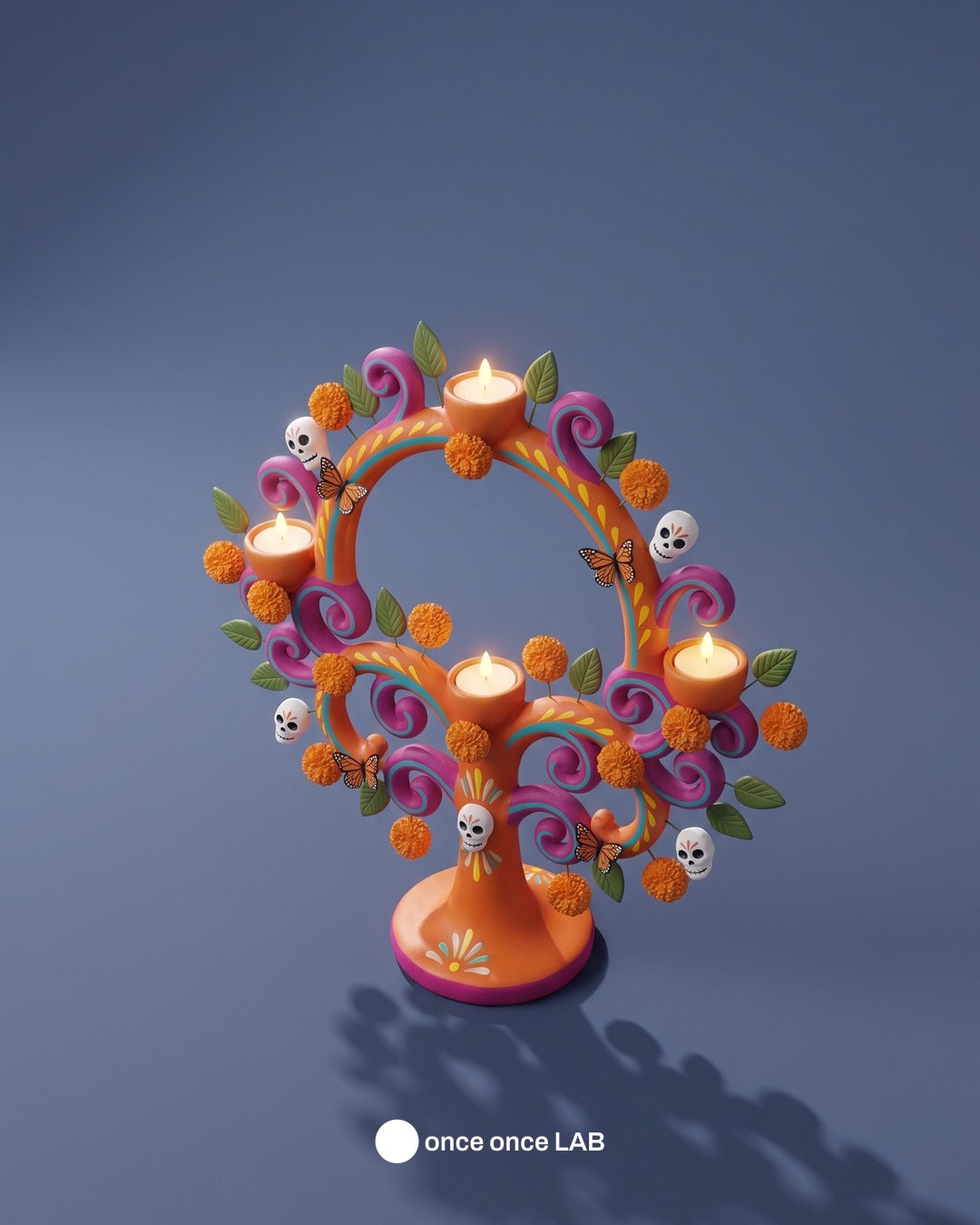 Árbol de la Vida con Calaveritas y Cempasúchil — Portavelas LED para Ofrenda de Día de Muertos — Once Once Lab