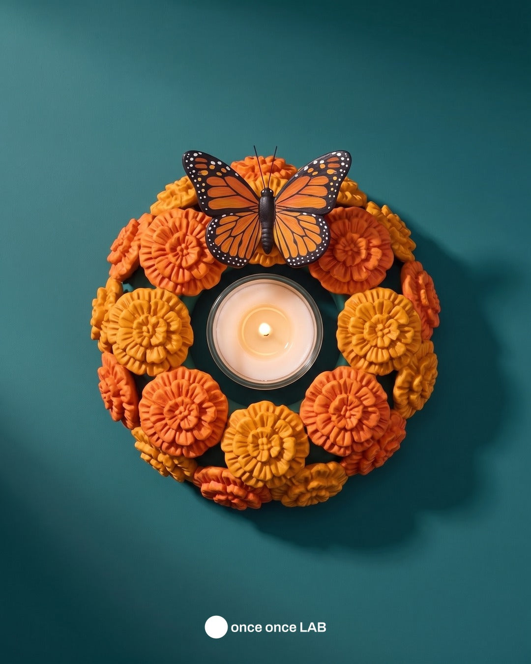 Portaveladora Mariposa Monarca con Cempasúchil — Ofrenda de Día de Muertos — once once LAB