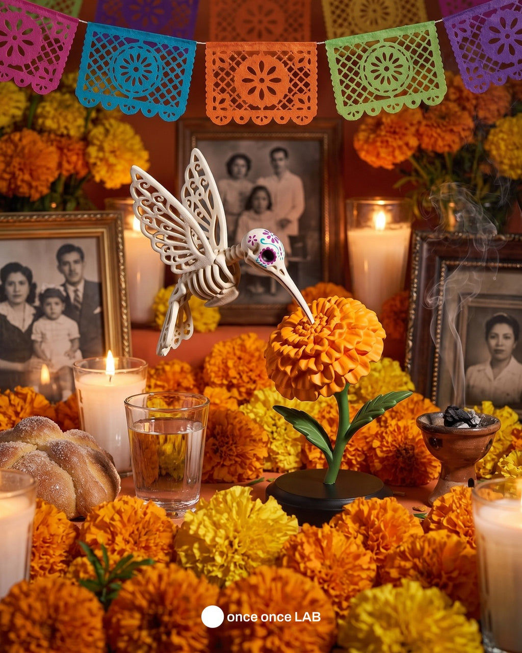 Colibrí Esquelético en Cempasúchil — Figura para Ofrenda de Día de Muertos — once once LAB
