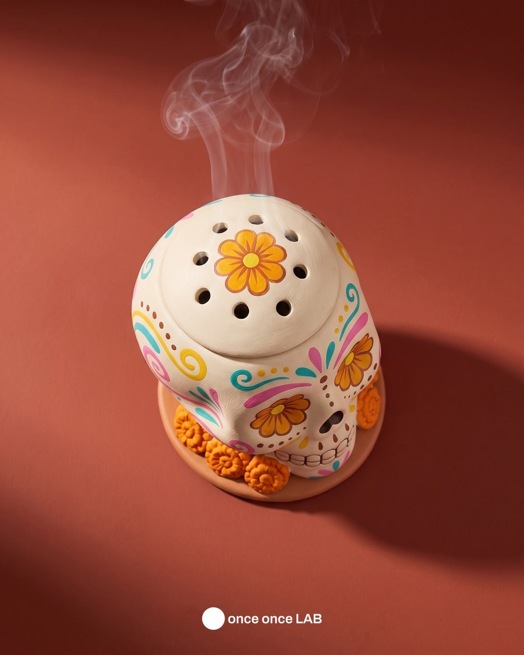 Copalero Calaverita de Azúcar con Cempasúchil — Sahumador para Ofrenda de Día de Muertos — once once LAB