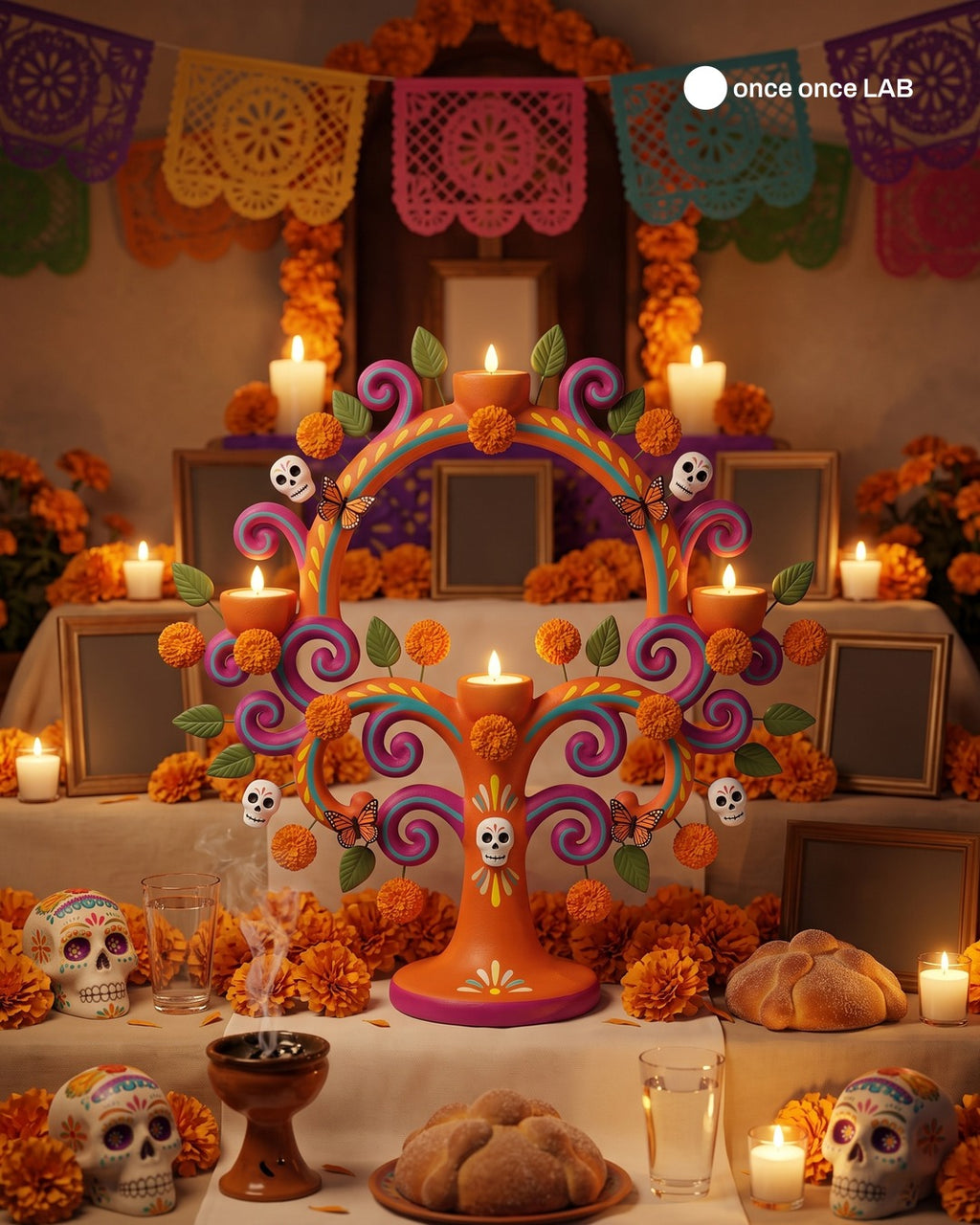 Árbol de la Vida con Calaveritas y Cempasúchil — Portavelas LED para Ofrenda de Día de Muertos — Once Once Lab