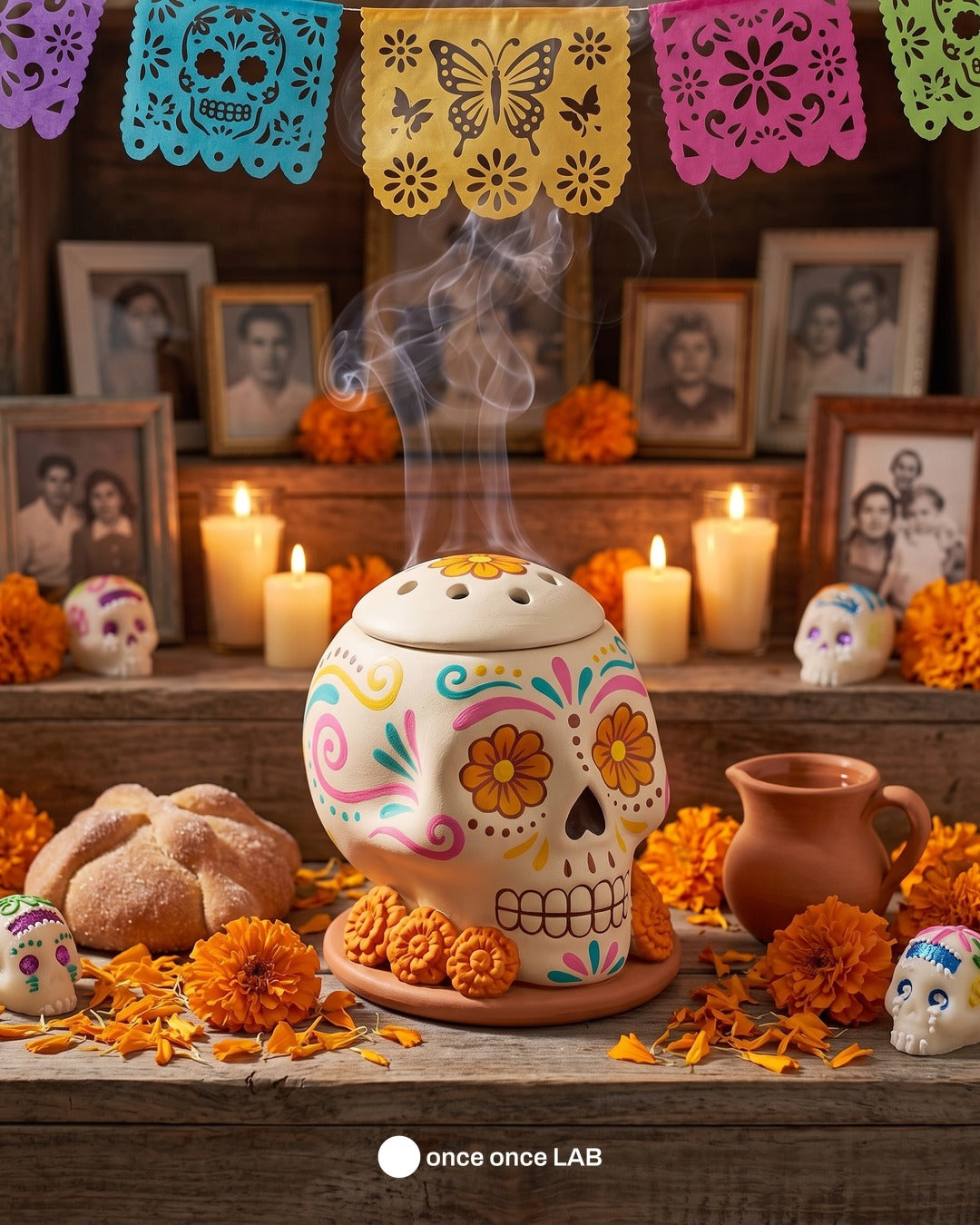 Copalero Calaverita de Azúcar con Cempasúchil — Sahumador para Ofrenda de Día de Muertos — once once LAB