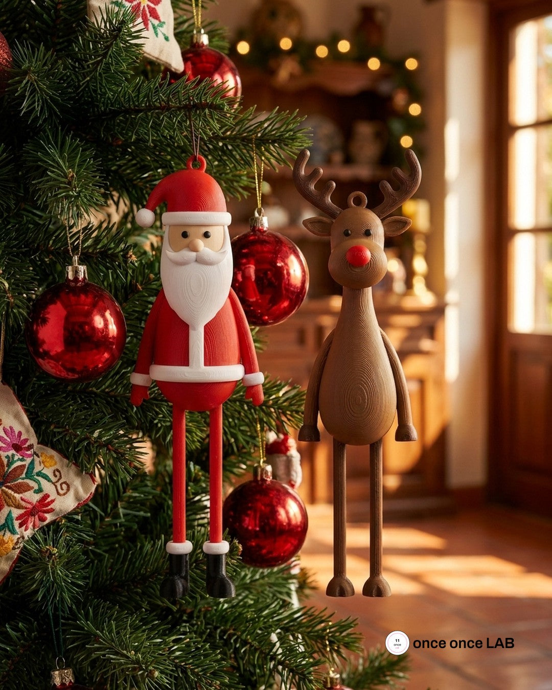 Par de Adornos Larguchos Santa y Reno — Colgantes Navideños 18 cm — Once Once Lab