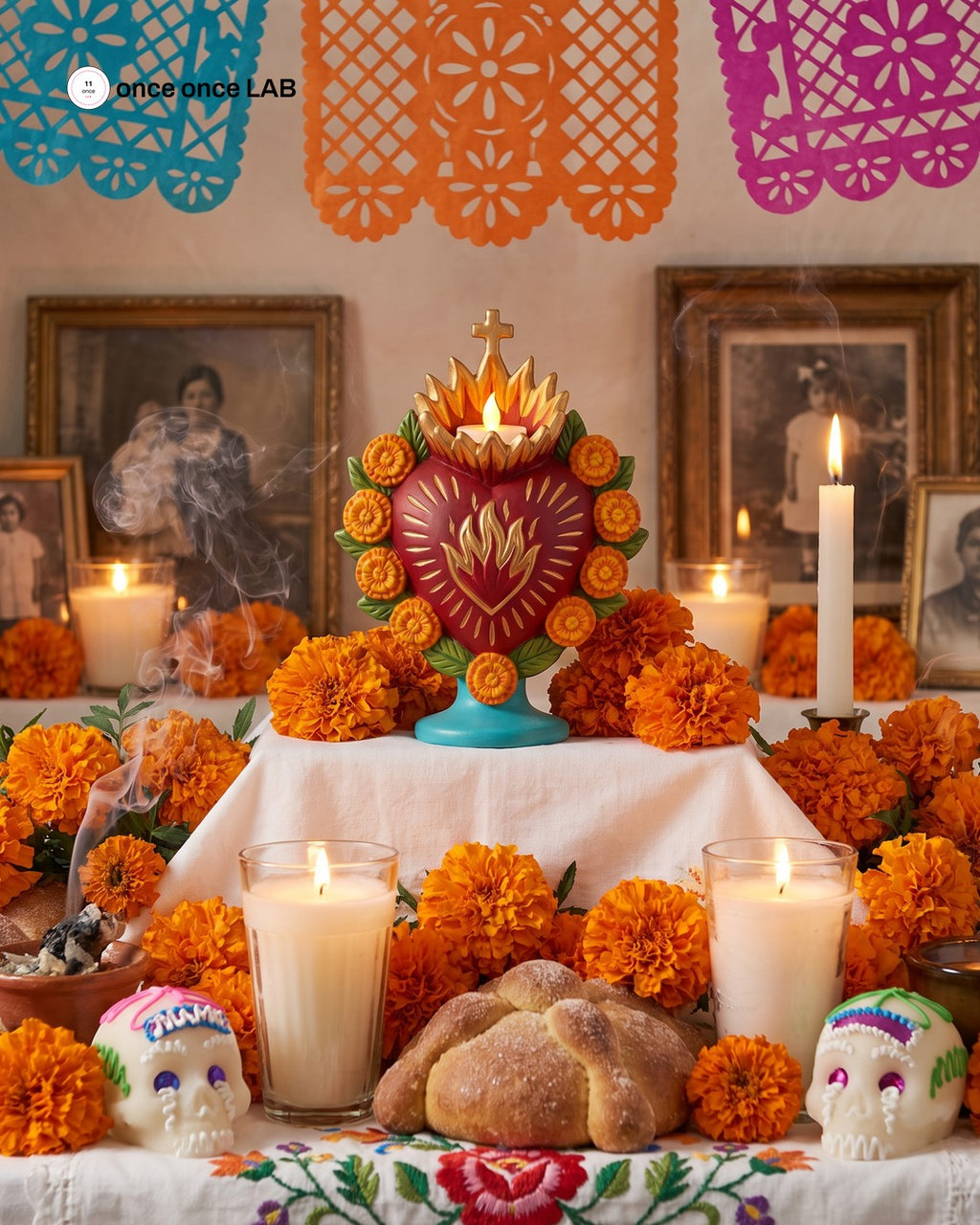 Sagrado Corazón con Cempasúchil — Portavela LED para Ofrenda de Día de Muertos — Once Once Lab