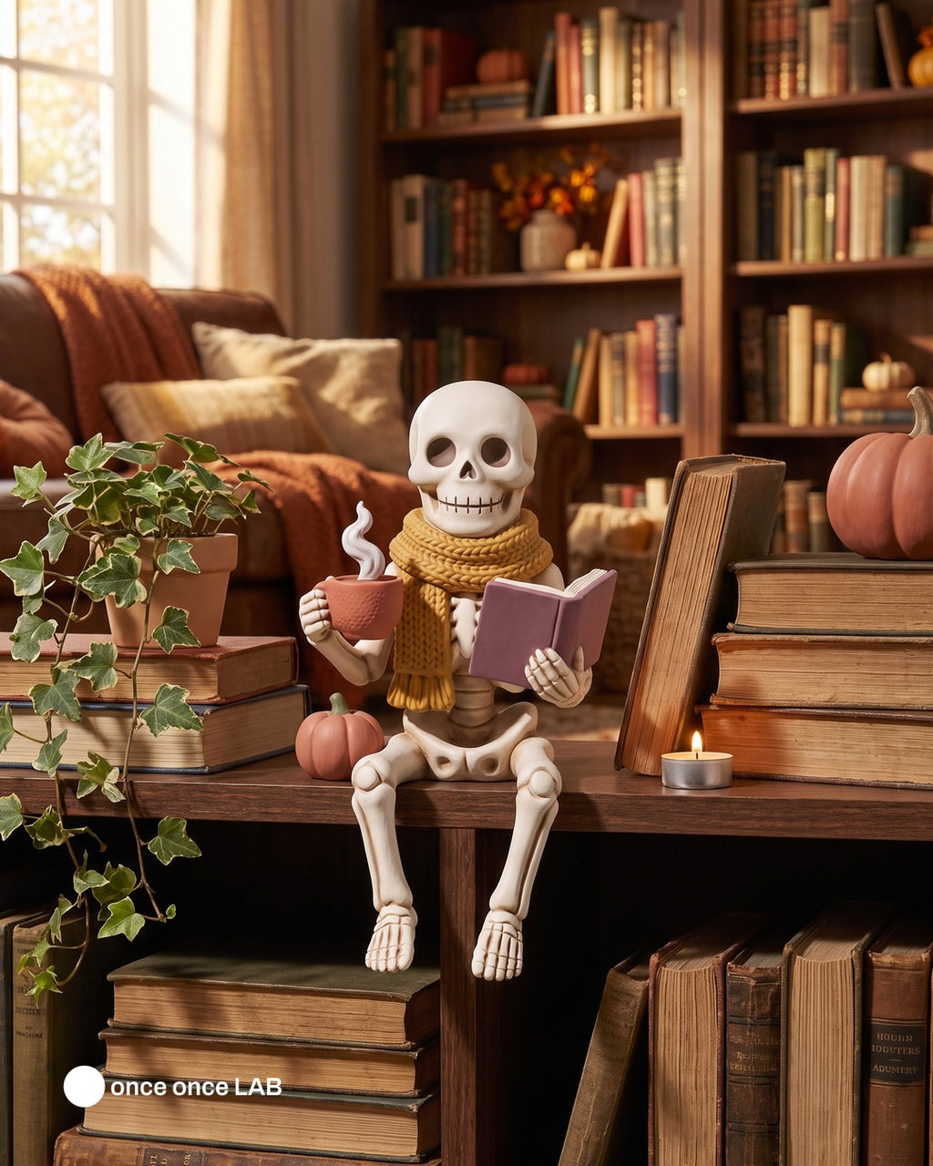 Esqueleto con Té y Libro — Figura para Repisa de Halloween en Tonos Tierra — once once LAB