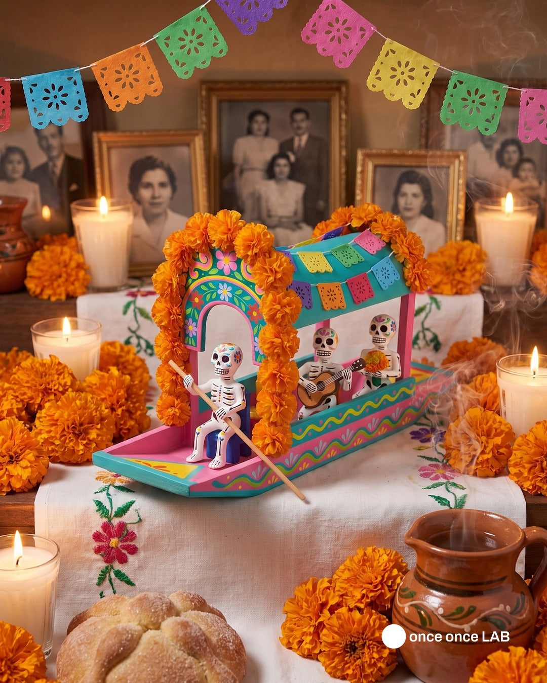 Trajinera de Xochimilco con Calaveritas — Figura para Ofrenda de Día de Muertos — once once LAB