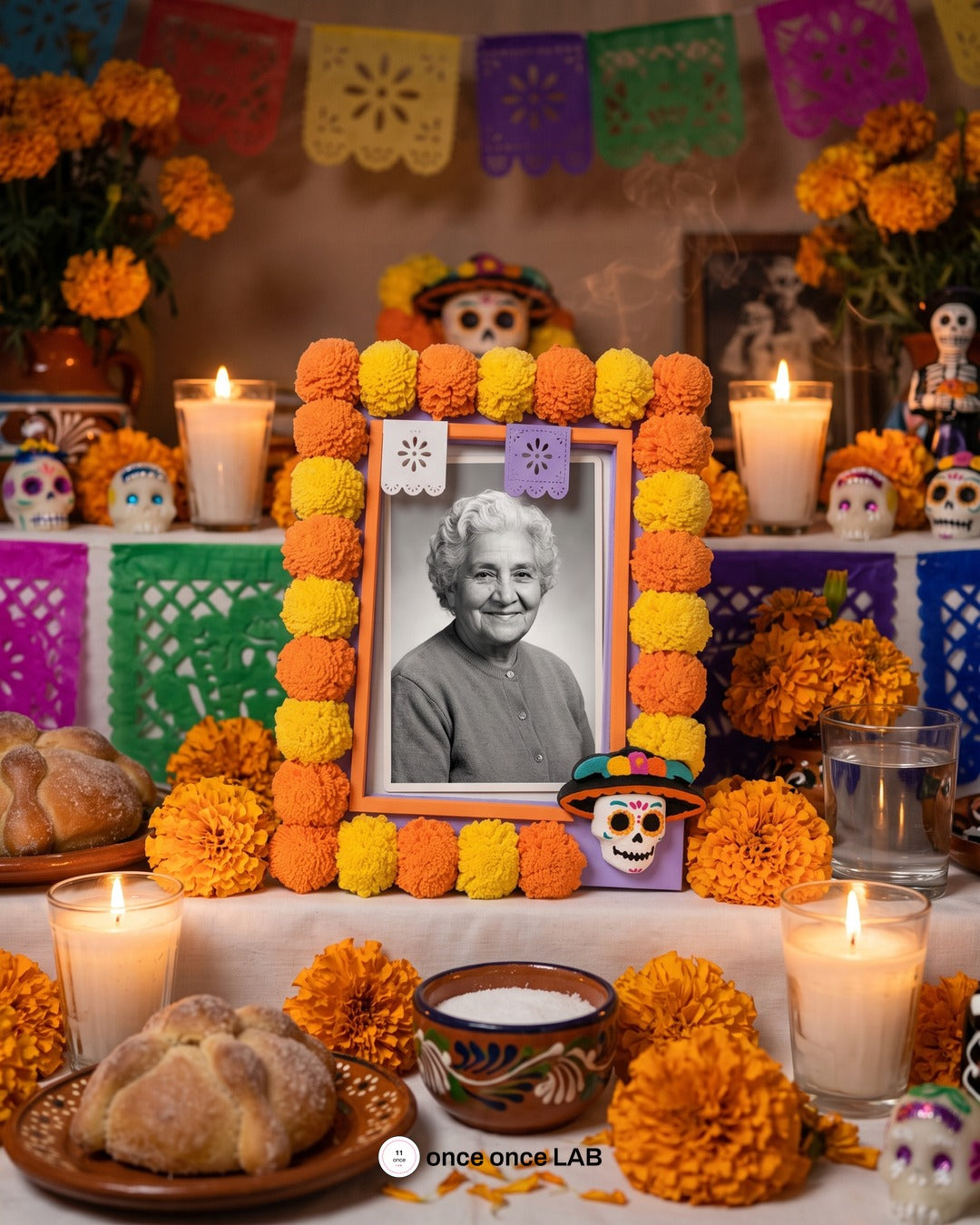 Portarretrato Día de Muertos con cempasúchil — once once LAB