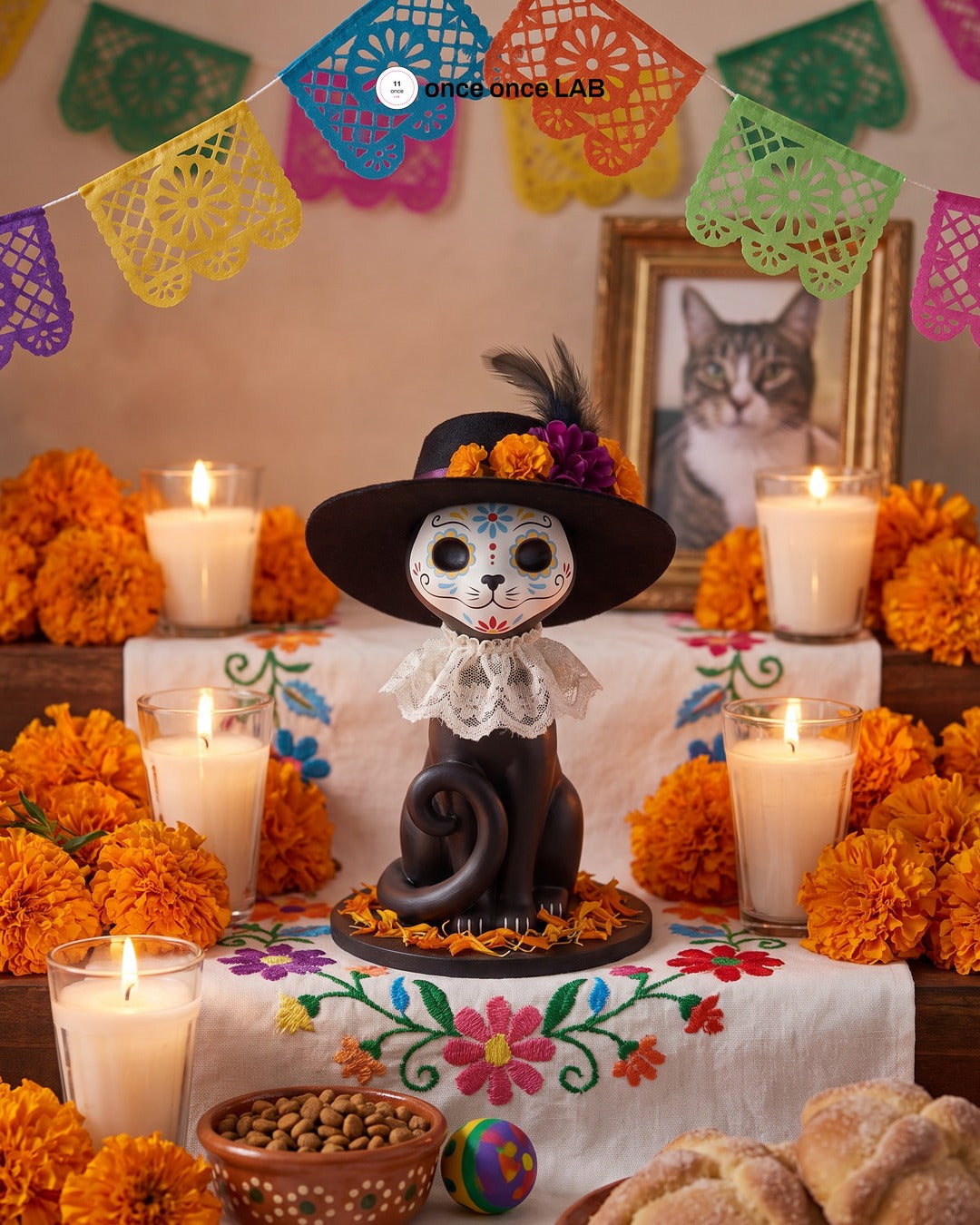 Gatita Catrina con Sombrero de Cempasúchil — Figura para Ofrenda de Mascotas Día de Muertos — Once Once Lab