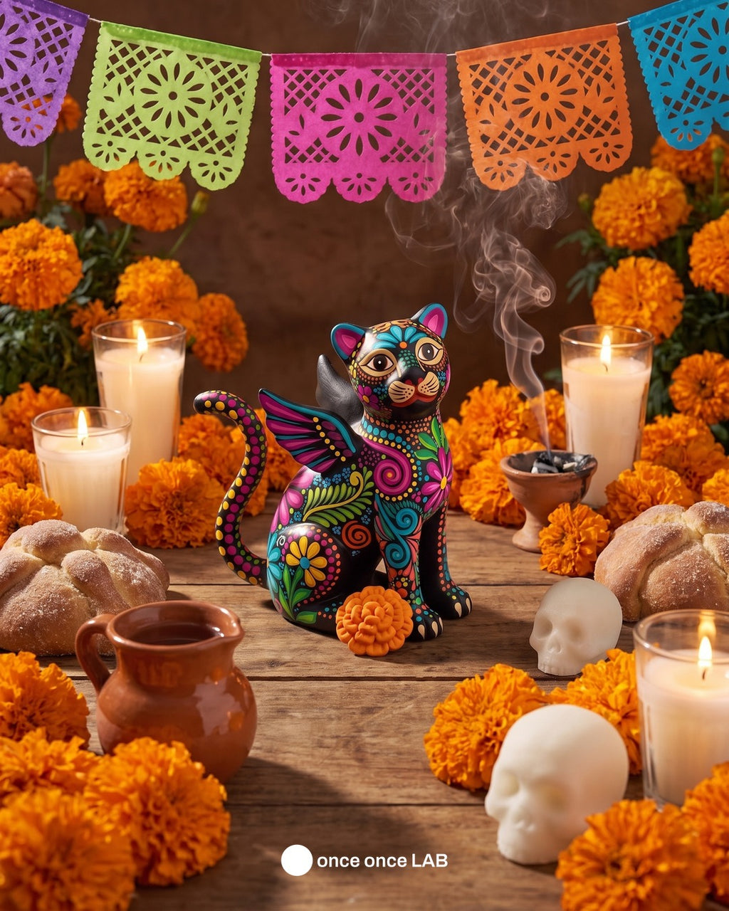 Alebrije Gato Alado — Figura para Ofrenda de Día de Muertos — once once LAB