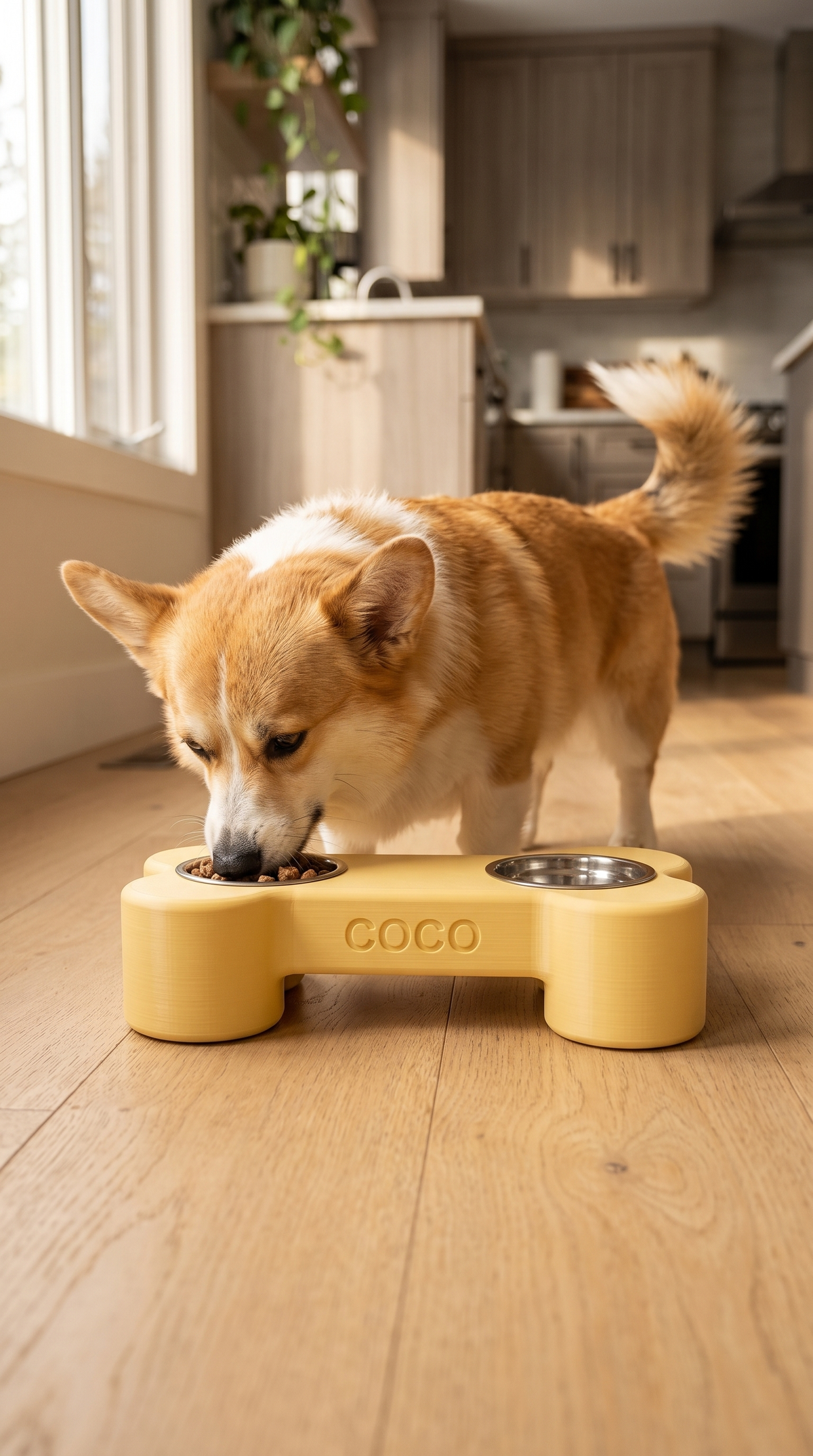 Base Elevada Doble para Perro en Forma de Hueso — Personalizada con Nombre — en uso | once once LAB