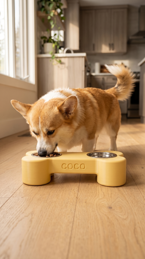 Base Elevada Doble para Perro en Forma de Hueso — Personalizada con Nombre — en uso | once once LAB