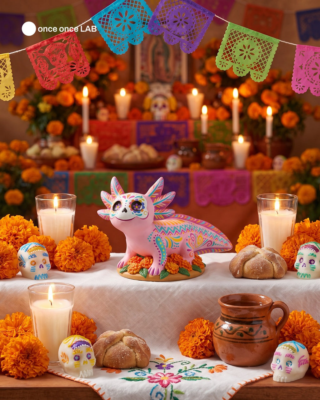 Ajolote Alebrije Calaverita en Cempasúchil — Figura para Ofrenda de Día de Muertos — Once Once Lab