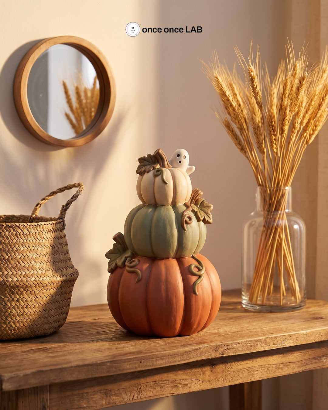 Torre de Calabazas con Fantasmita — Figura Decorativa de Otoño y Halloween — Once Once Lab