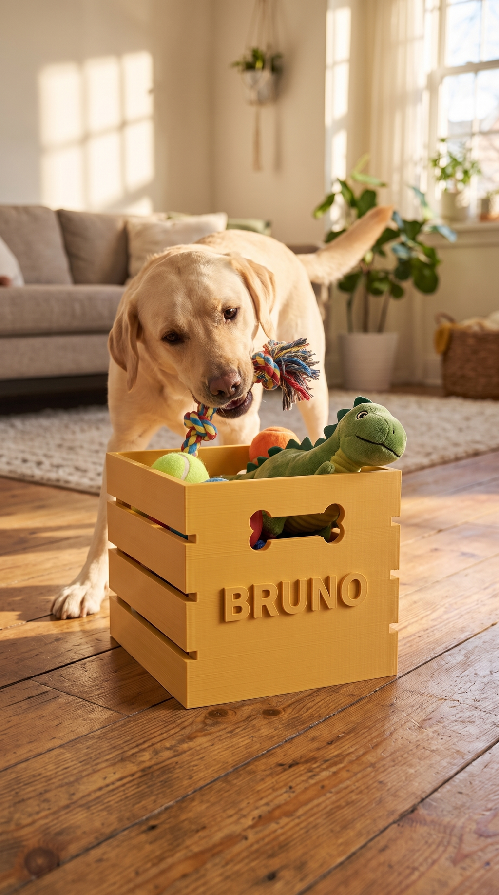 Caja para Juguetes de Perro con Asa de Hueso — Personalizada con Nombre — en uso | once once LAB