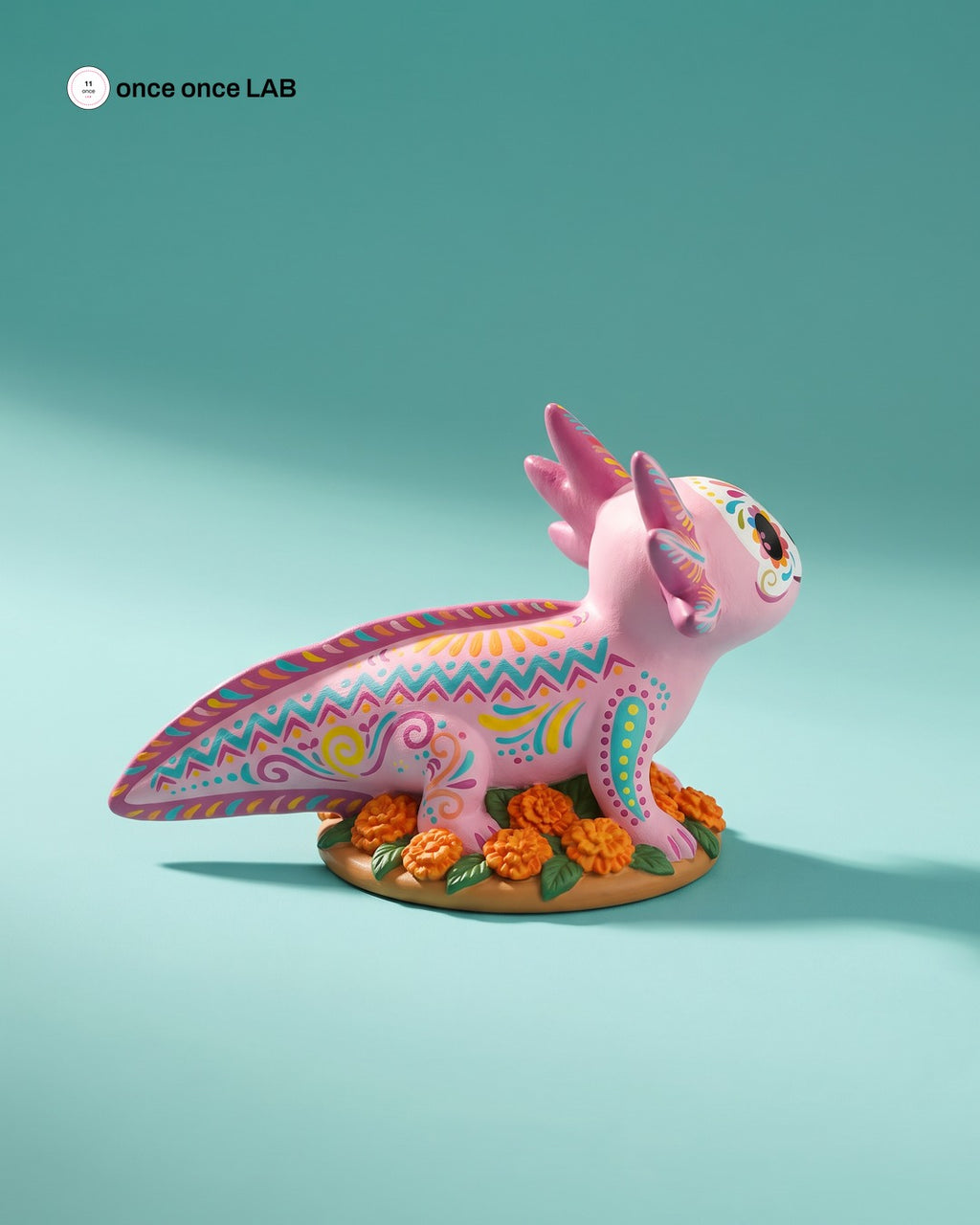 Ajolote Alebrije Calaverita en Cempasúchil — Figura para Ofrenda de Día de Muertos — Once Once Lab