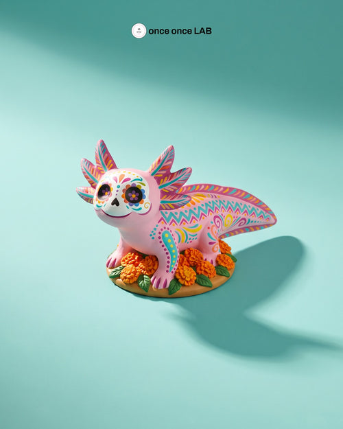 Ajolote Alebrije Calaverita en Cempasúchil — Figura para Ofrenda de Día de Muertos — Once Once Lab