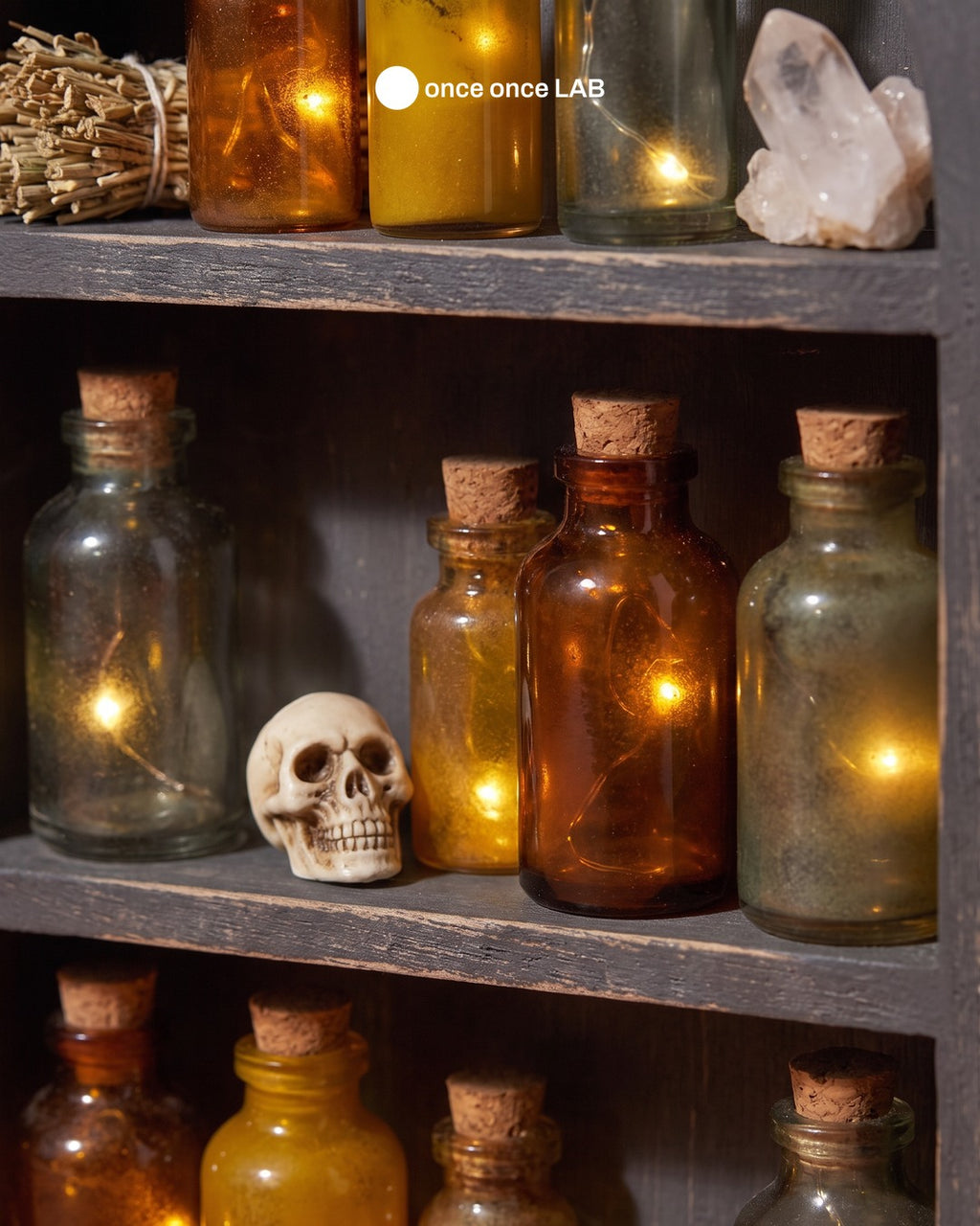 Botica de Bruja con Pociones — Repisa Lámpara LED Vintage de Halloween — once once LAB