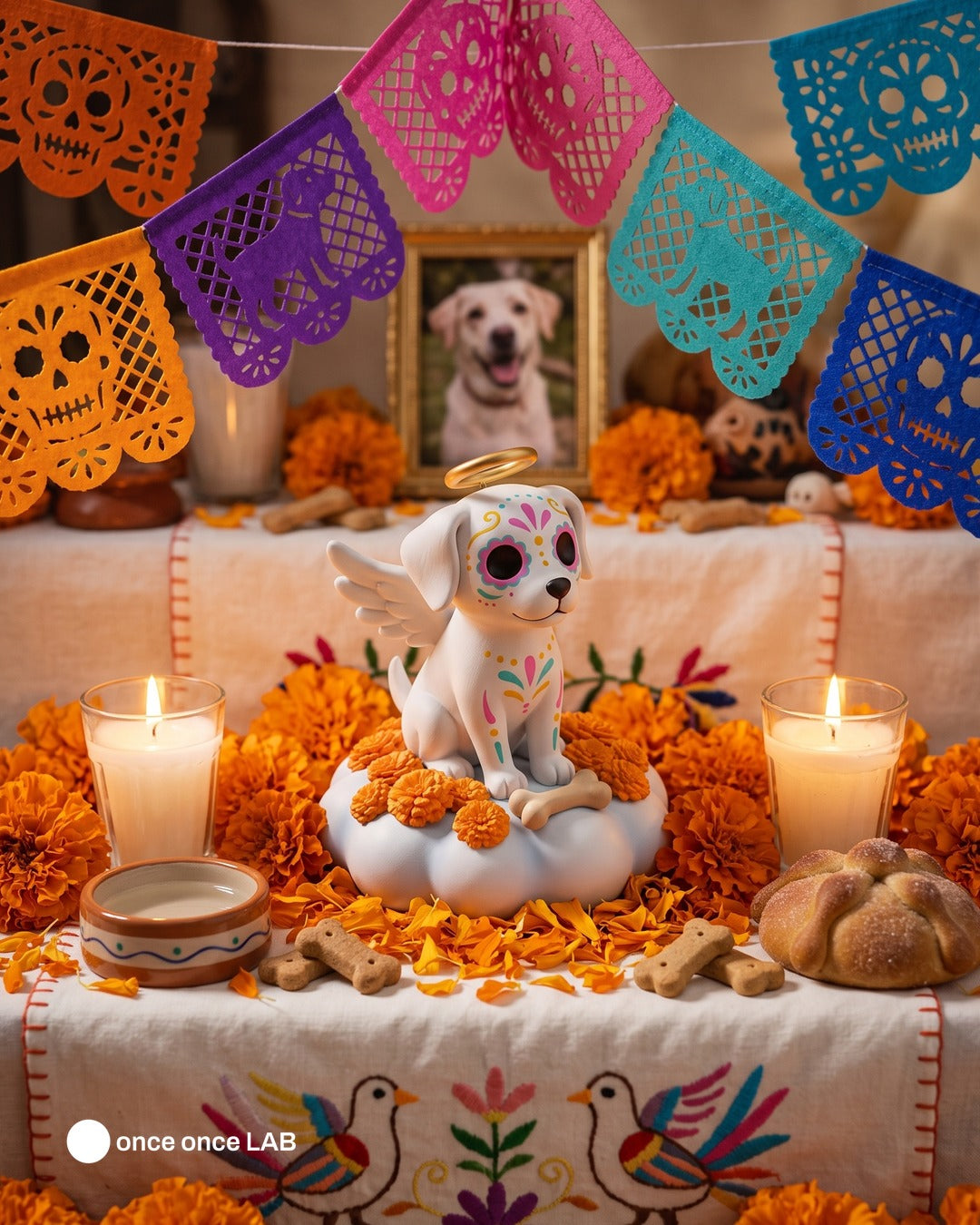 Perrito Angelito Calaverita en Nube de Cempasúchil — Figura para Ofrenda de Mascotas — Once Once Lab