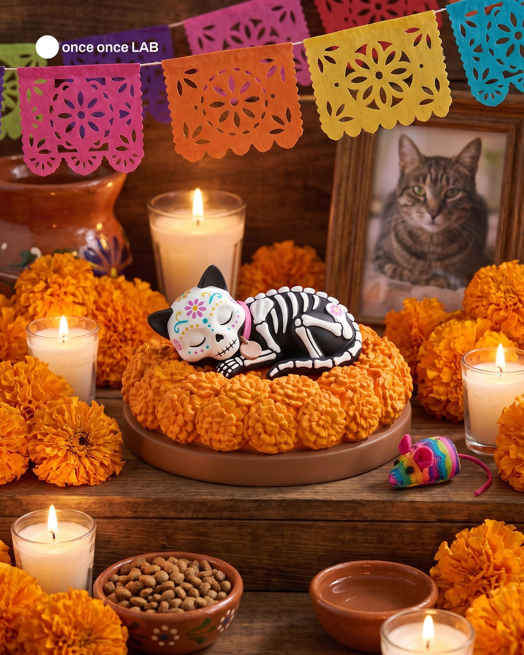 Gatito Calaverita Dormido en Cempasúchil — Figura para Ofrenda de Mascotas Día de Muertos — once once LAB
