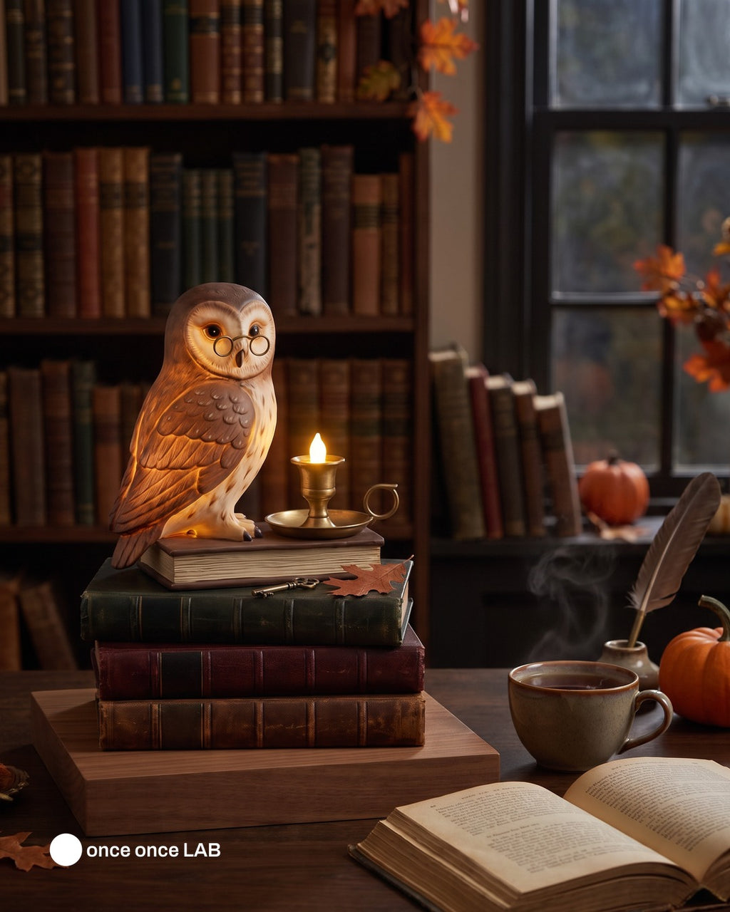 Búho Dark Academia sobre Libros con Vela LED — Portavela de Otoño y Halloween — Once Once Lab
