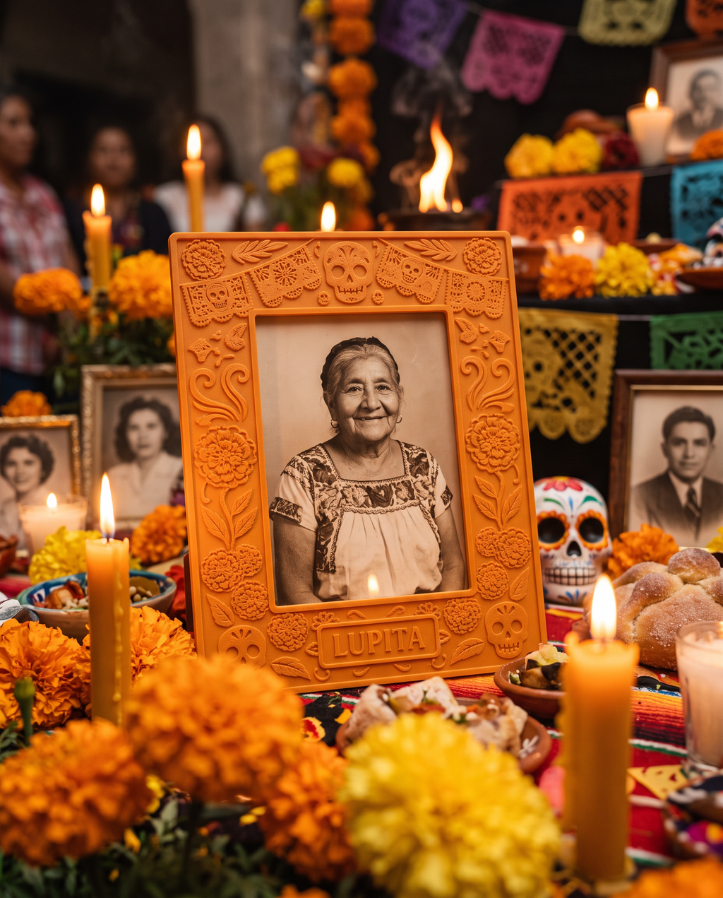 Portarretrato Día de Muertos con Cempasúchil y Papel Picado — vista 2 | once once LAB